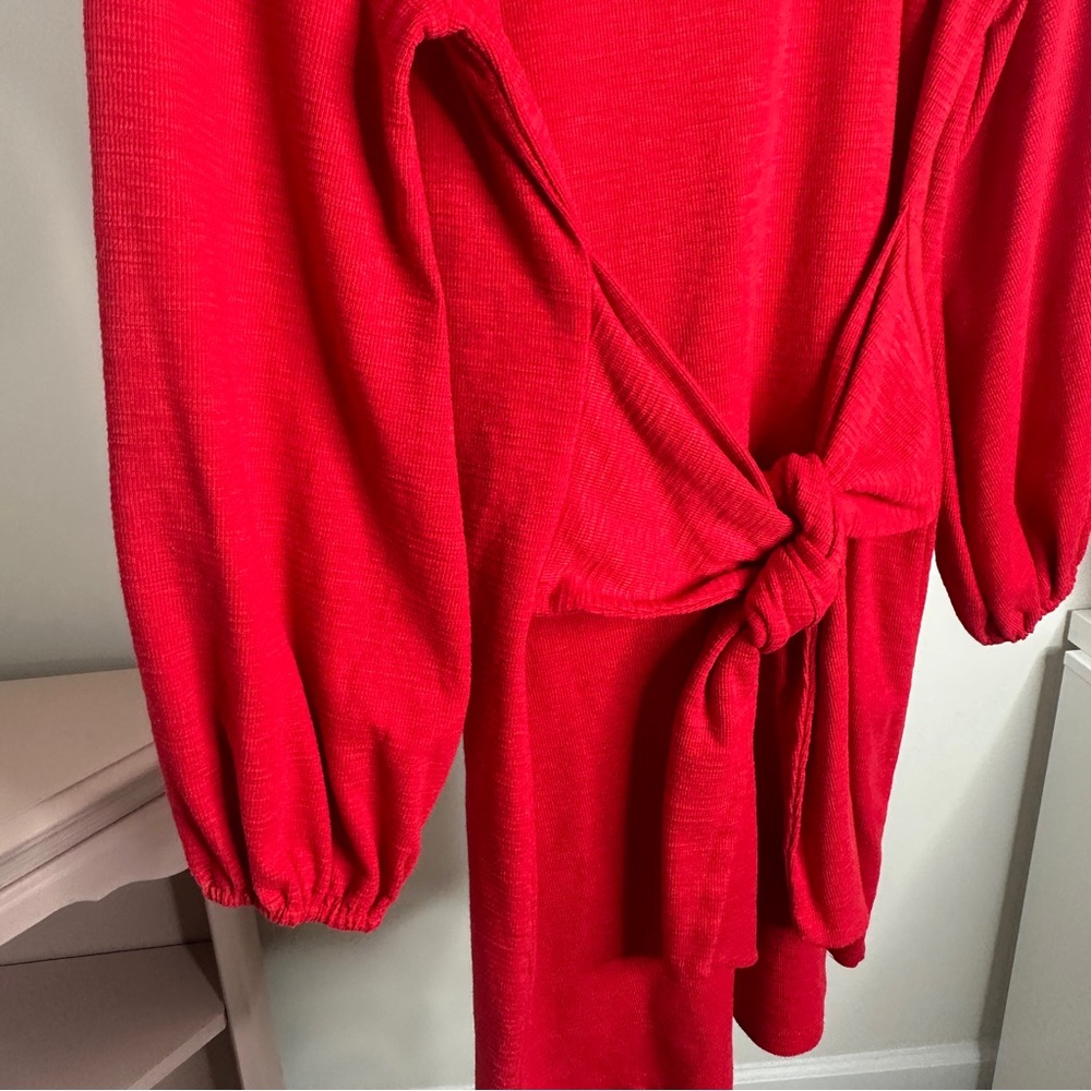 Red Tie-Front Long Sleeve Mini Dress - Picture 3 of 4